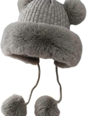 Winter Pompom Beanie Hats for Women Fluffy Knit Womens Beanie Faux Fur Crochet Skull Cap Warm Bucket Outdoor Ear Cover