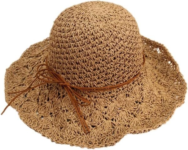 Women Crochet Straw Hat Wide Brim Summer Beach Sunhat Foldable Floppy Fedora Hat UPF 50+ UV Protection Travel Sun Cap