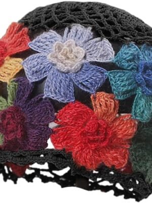 1Pcs Flower Crochet Vintage Beanie Hollow Hat Breathable Knitted Skull Hat Lightweight Elastic Knit Hats for Women (Flower Color Random) Multi