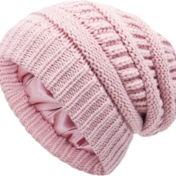 Winter Beanie Hat for Women, Hair Protection Hat Cable Knit Soft Beanies Cap Satin Lined Snow Hats for Women