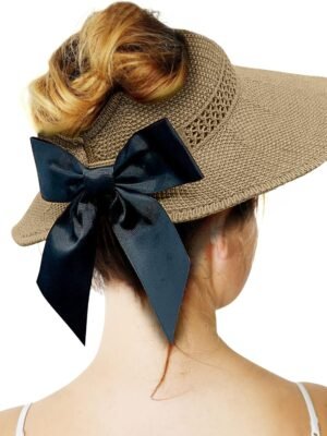 Straw Sun Visor for Women, Wide Brim UPF 50+ Protection Beach Hat, Adjustable, Roll Up Foldable Ponytail Cap with Chin Strap