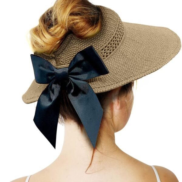 Straw Sun Visor for Women, Wide Brim UPF 50+ Protection Beach Hat, Adjustable, Roll Up Foldable Ponytail Cap with Chin Strap