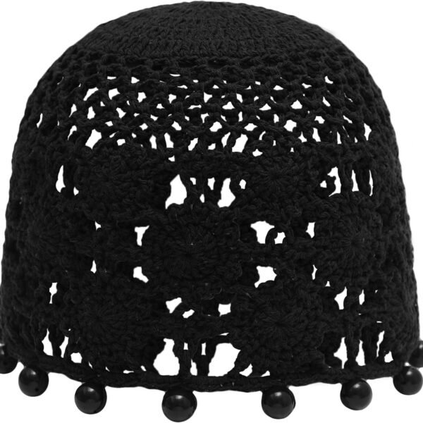 Women Cotton Crochet Skull Cap Handmade Knit Cutout Floral Beanie Hat