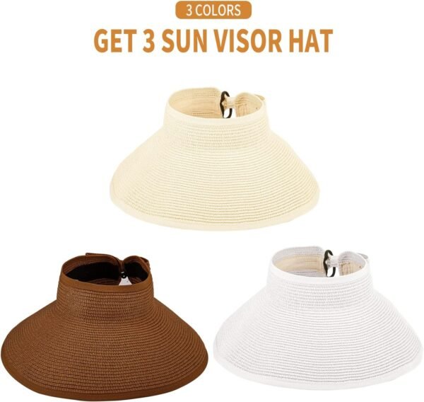 3PCS Foldable Straw Sun Visor Hats for Women, Wide Brim Ponytail Summer Beach Hat, Protect Your Skin Easily