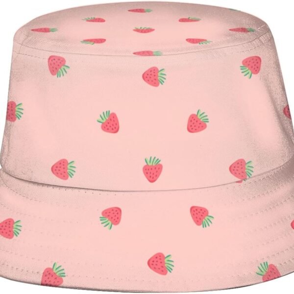 Pink Strawberry Background Unisex Bucket Hat Reversible Fisherman Hat Plant Printed Solid Color Outdoor Sun Hat Packable -