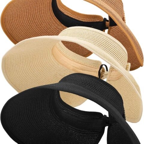 3PCS Foldable Straw Sun Visor Hats for Women, Wide Brim Ponytail Summer Beach Hat, Protect Your Skin Easily