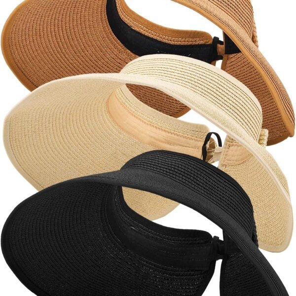 3PCS Foldable Straw Sun Visor Hats for Women, Wide Brim Ponytail Summer Beach Hat, Protect Your Skin Easily