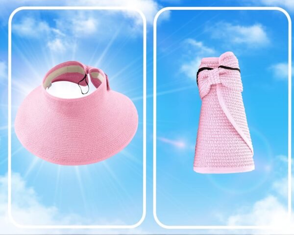 Straw Sun Visor for Women, Wide Brim UPF 50+ Protection Beach Hat, Adjustable, Roll Up Foldable Ponytail Cap with Chin Strap