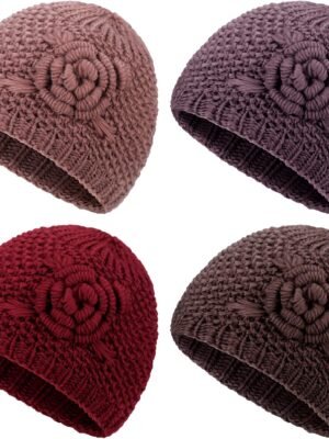 4 Pcs Winter Hats for Women Floral Knitted Beanie Warm Ladies Caps Flannelette Lined Middle Aged and Old Women