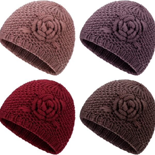 4 Pcs Winter Hats for Women Floral Knitted Beanie Warm Ladies Caps Flannelette Lined Middle Aged and Old Women