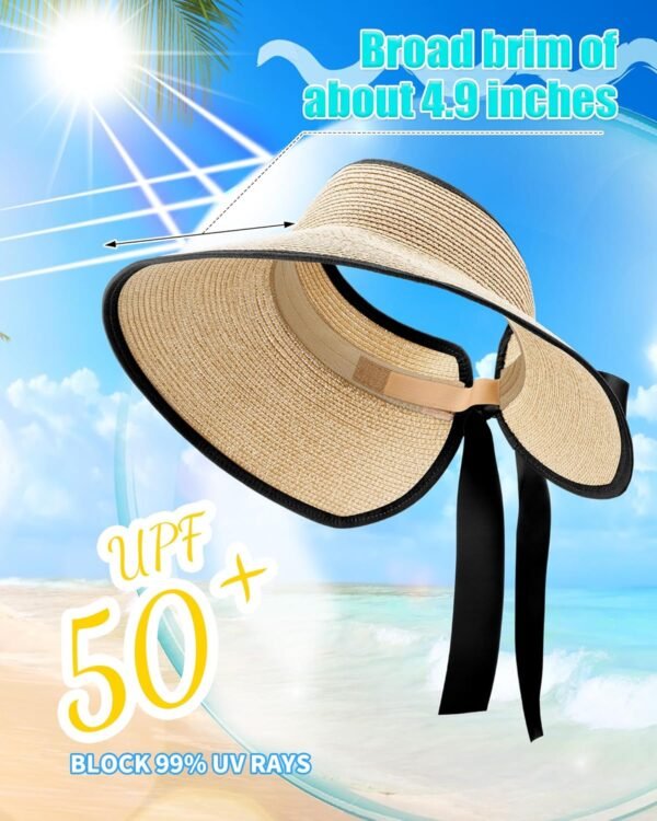 3 Pieces Foldable Straw Sun Visors Hats Wide Brim Ponytail Summer Beach Hat Adjustable Sun Protection Hats for Women