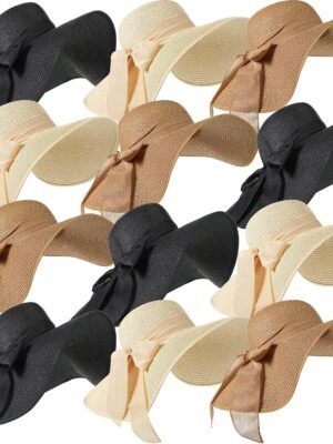 12 PCS Women Wide Brim Straw Hats Floppy Sun Hat Foldable Multicolor Summer Beach Sun Cap UPF 50+