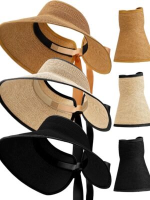 3 Pieces Foldable Straw Sun Visors Hats Wide Brim Ponytail Summer Beach Hat Adjustable Sun Protection Hats for Women