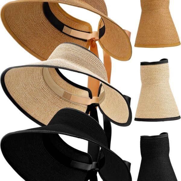 3 Pieces Foldable Straw Sun Visors Hats Wide Brim Ponytail Summer Beach Hat Adjustable Sun Protection Hats for Women