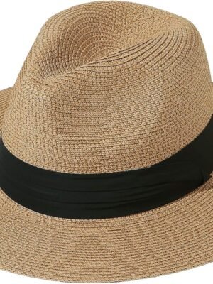 Women UPF50 Foldable Summer Straw Hat Wide Brim Fedora Sun Beach hat