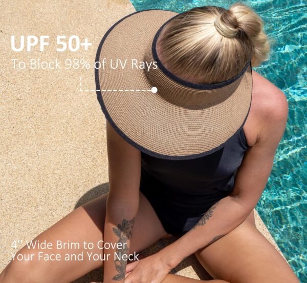 Sun Visor Hats for Women, Women Summer Ponytail Foldable Straw Beach Hat with UPF 50+